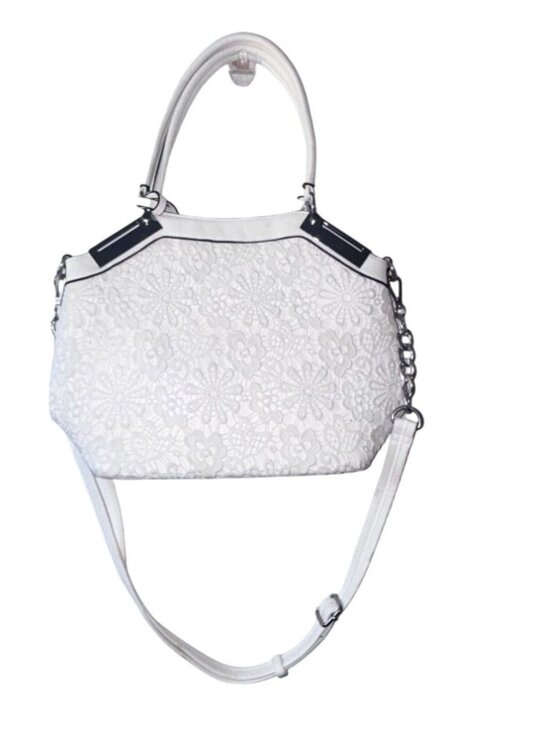 Wilsons LeathBlack rivet Handbags - Black rivet Tote White Floral Embroidered Handbag With Adjustable Strap & Chain